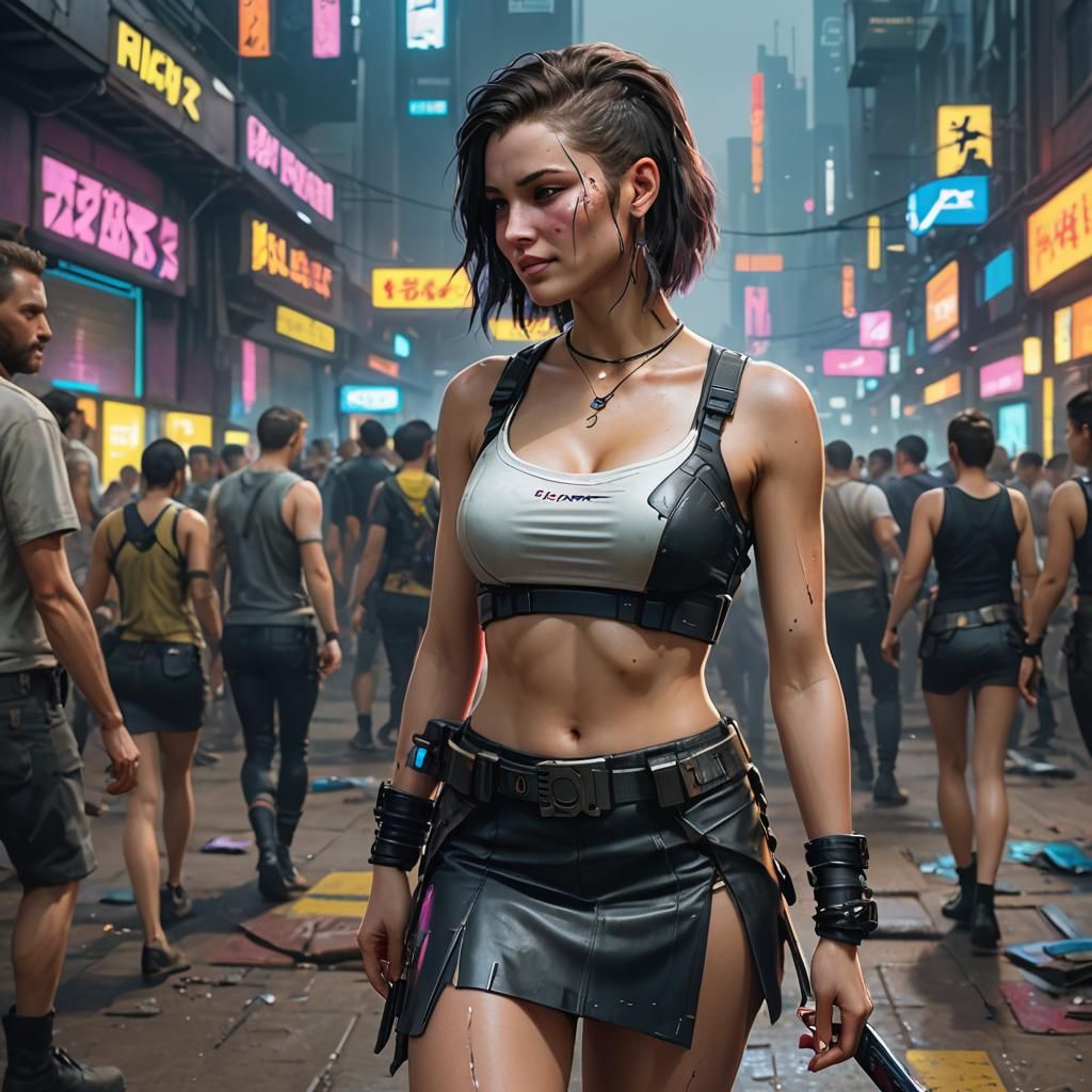 Cyberpunk Woman with Axe in Neon Cityscape