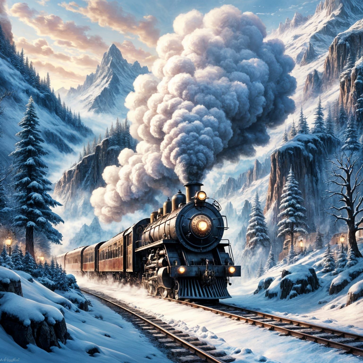 Vintage Steam Train in Snowy Mountains