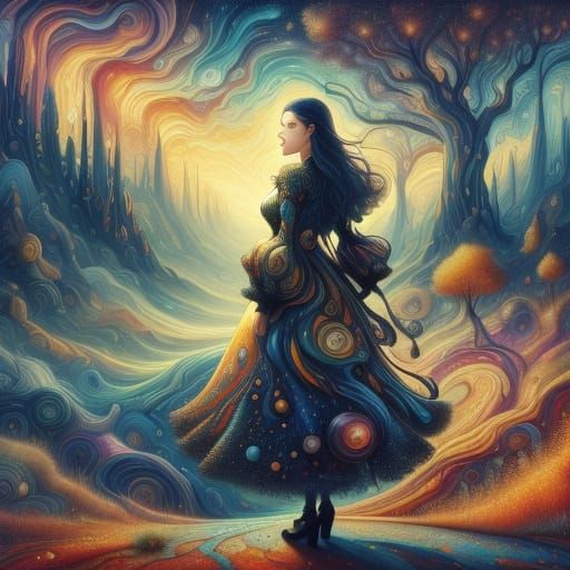 Surreal Woman in Dreamlike Landscape as Oil Painting