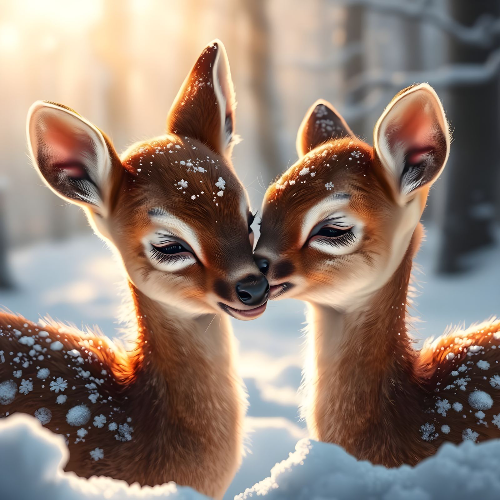 Baby Deer Cuddle in Snowy Forest
