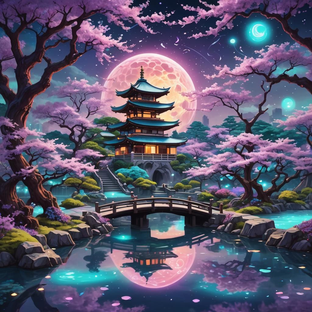 Infinite Japanese Garden at Midnight in Cosmic Style