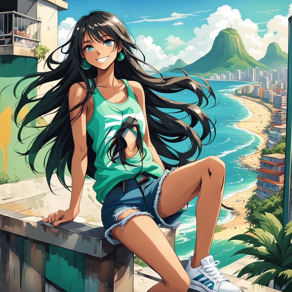 Anime Girl with Black Hair in Rio de Janeiro
