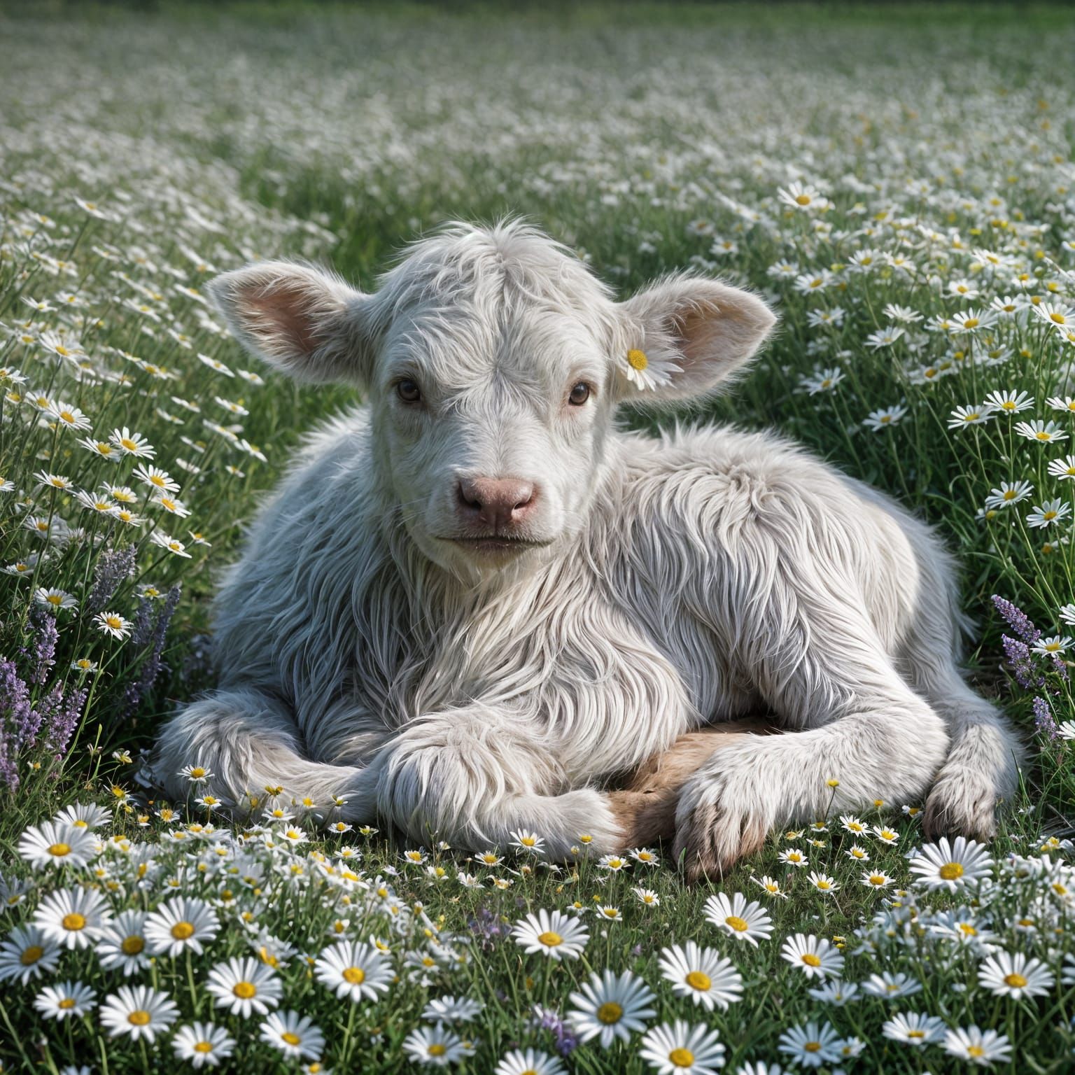 Adorable White Calf in Summer Daisy Field