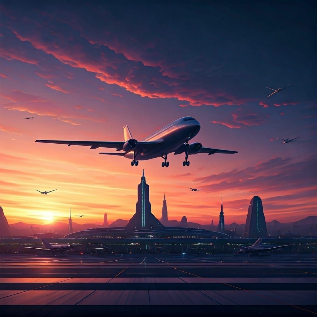 Futuristic Airport at Sunset with Art Deco and Cyberpunk Arc...