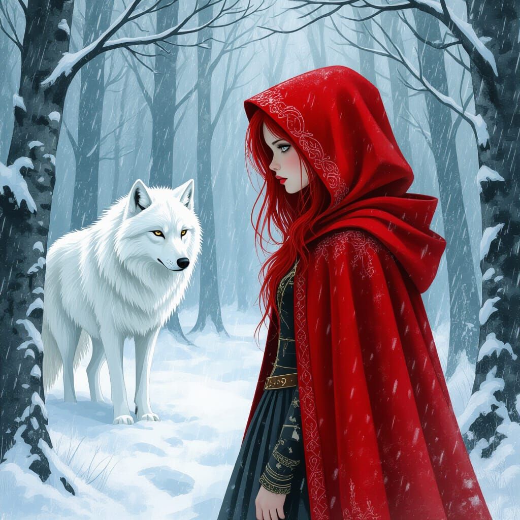 Melancholic Red Riding Hood in White Forest as Watercolour
