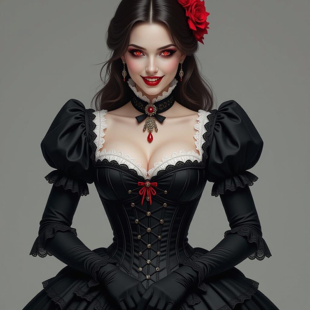 Victorian Vampire Woman with Red Eyes in Photorealistic Styl...