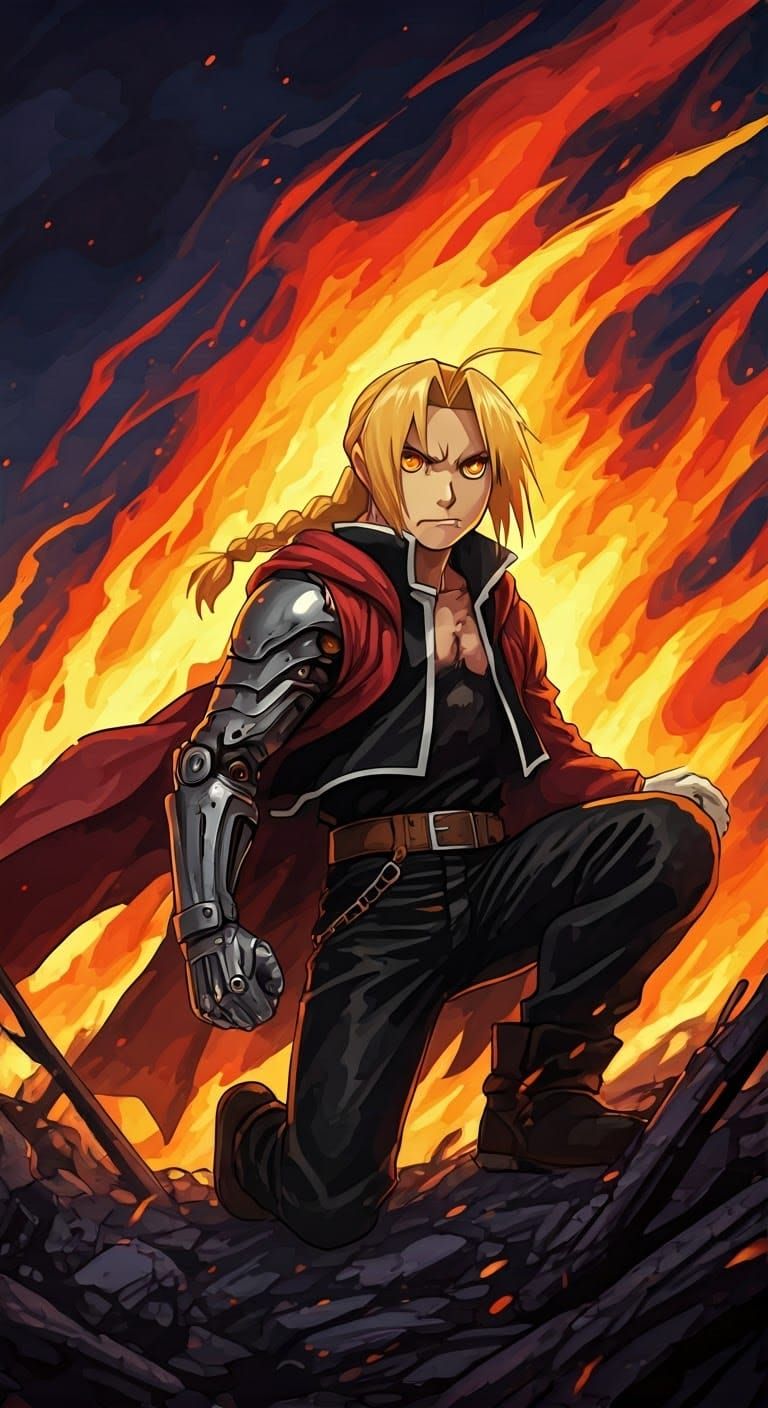 Edward Elric in Fiery Ruins: Manga-Inspired Illustration