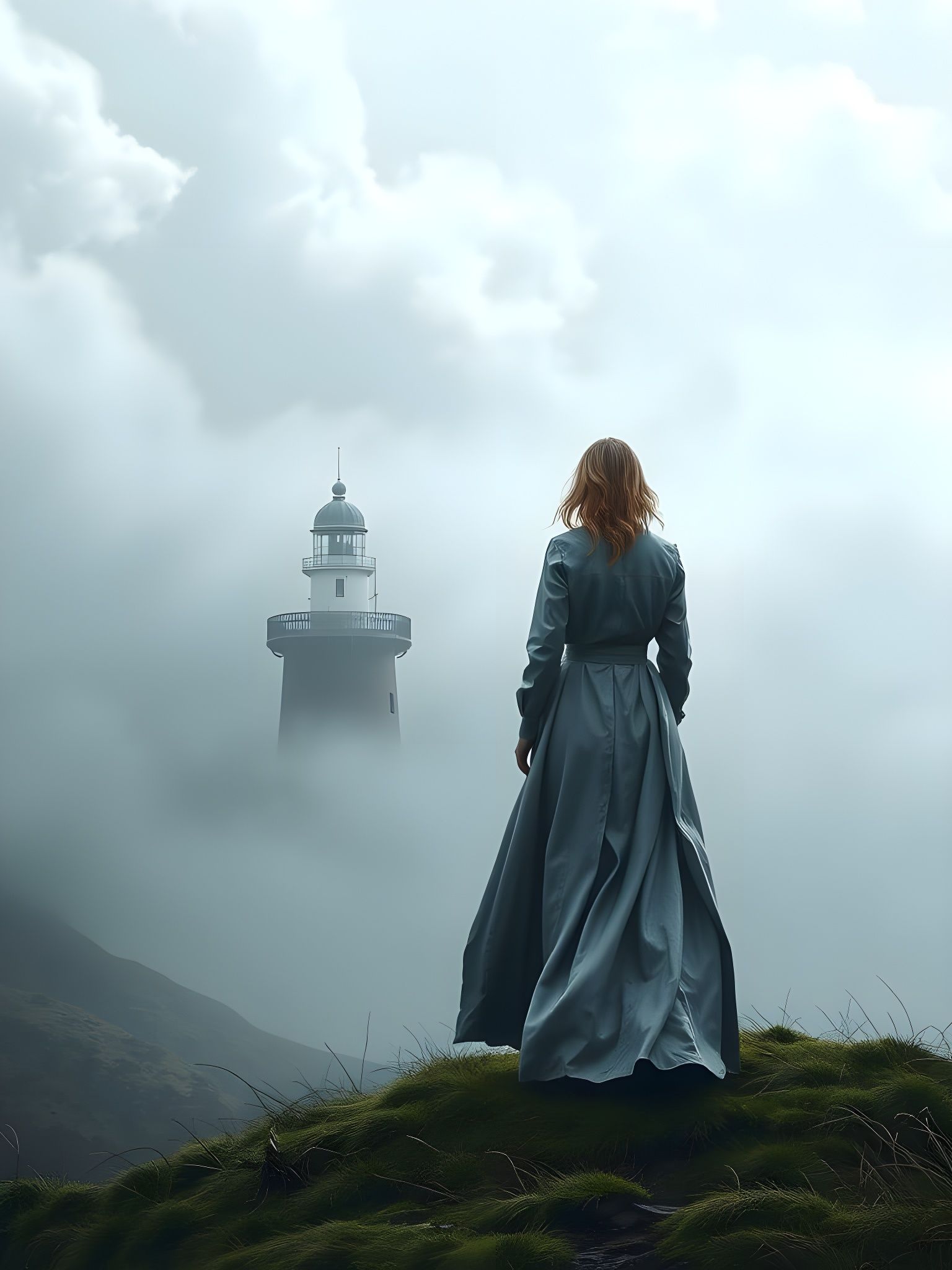 Ethereal Lighthouse in Swirling Mist, Hyperrealistic Style
