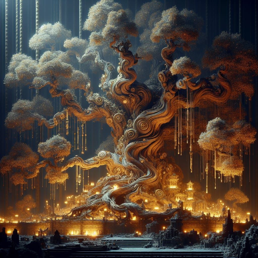 Ethereal Gold Coin Tree in Fantasy Forest