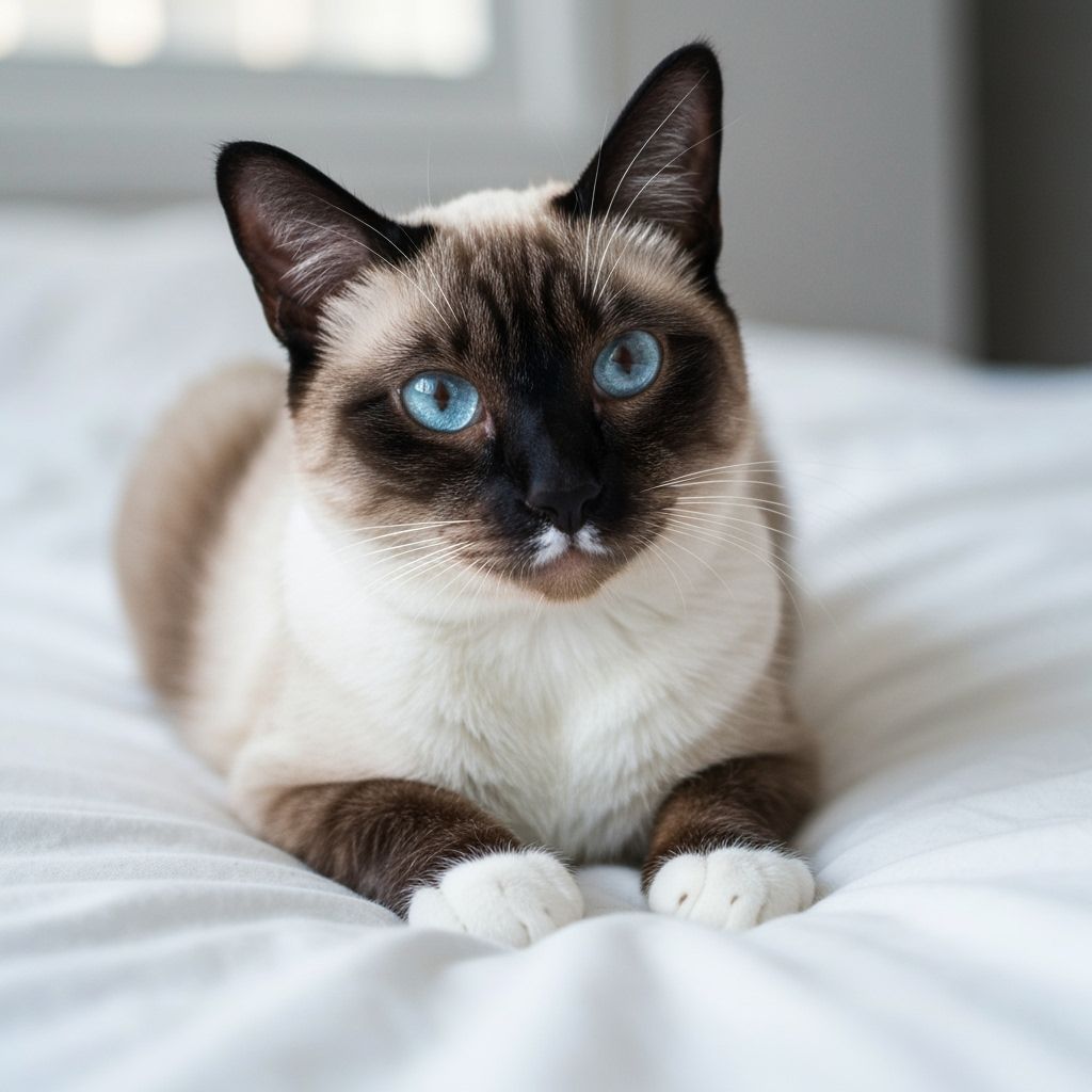 Siamese Snowshoe Cat with Green-Blue Eyes on White Bed