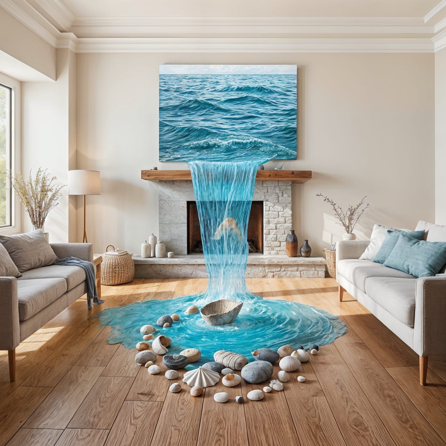 Surreal Living Room With Flowing Seascape Waterfall