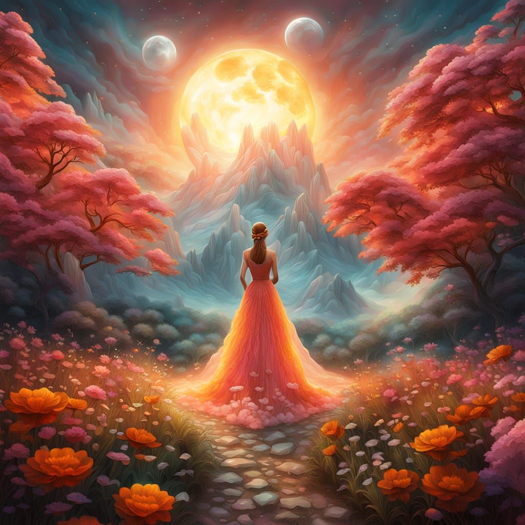 Woman Dancing Among Sun and Moon Flowers