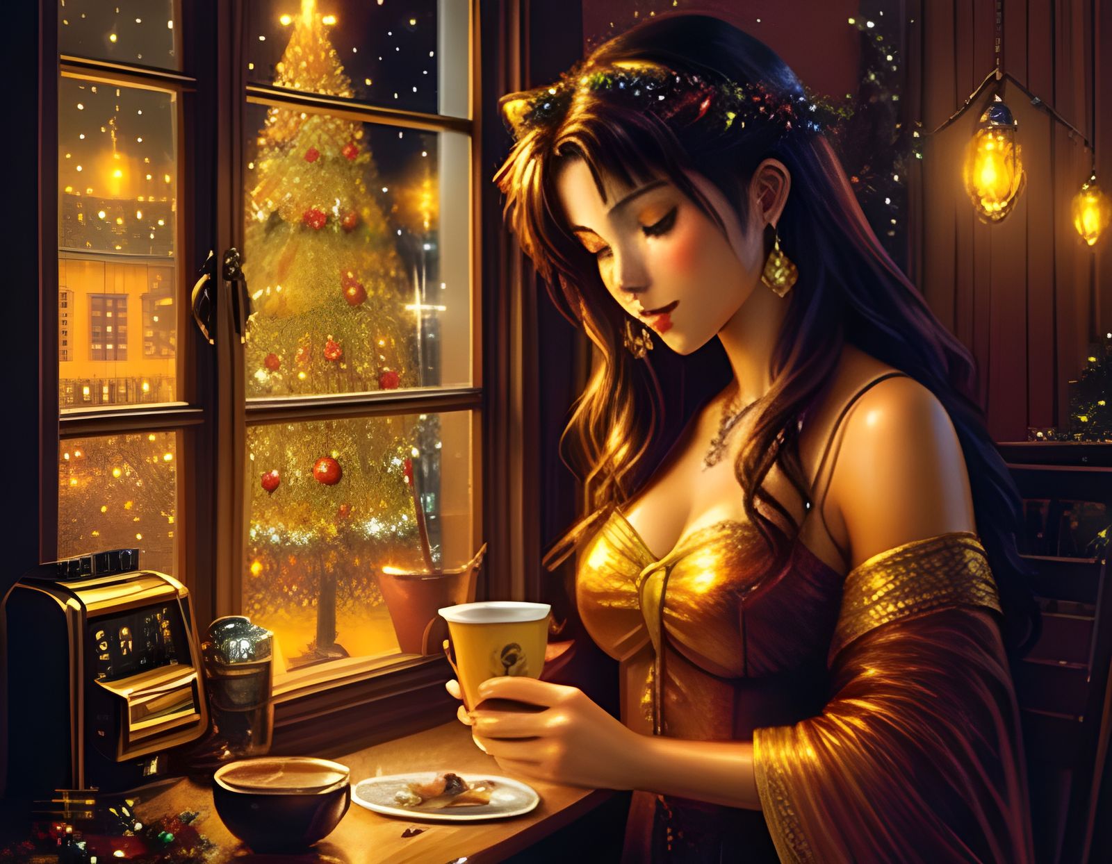 Festive Vintage Watercolor Coffee with Volumetric Lighting