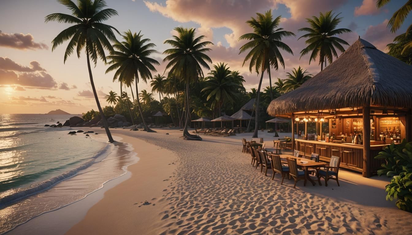 Tropical Beach Sunset in Cinematic 3D Style