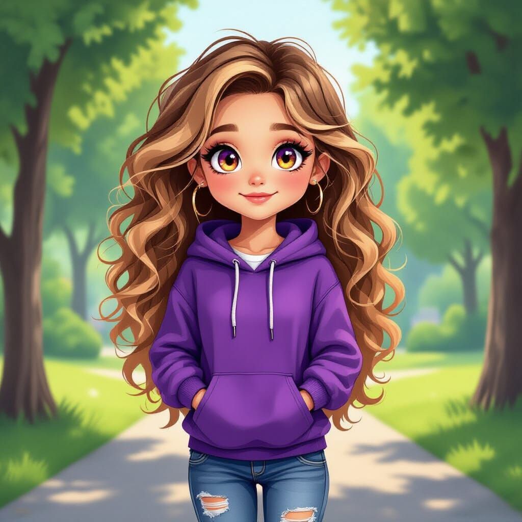 Cartoon Girl with Purple Eyes in Park