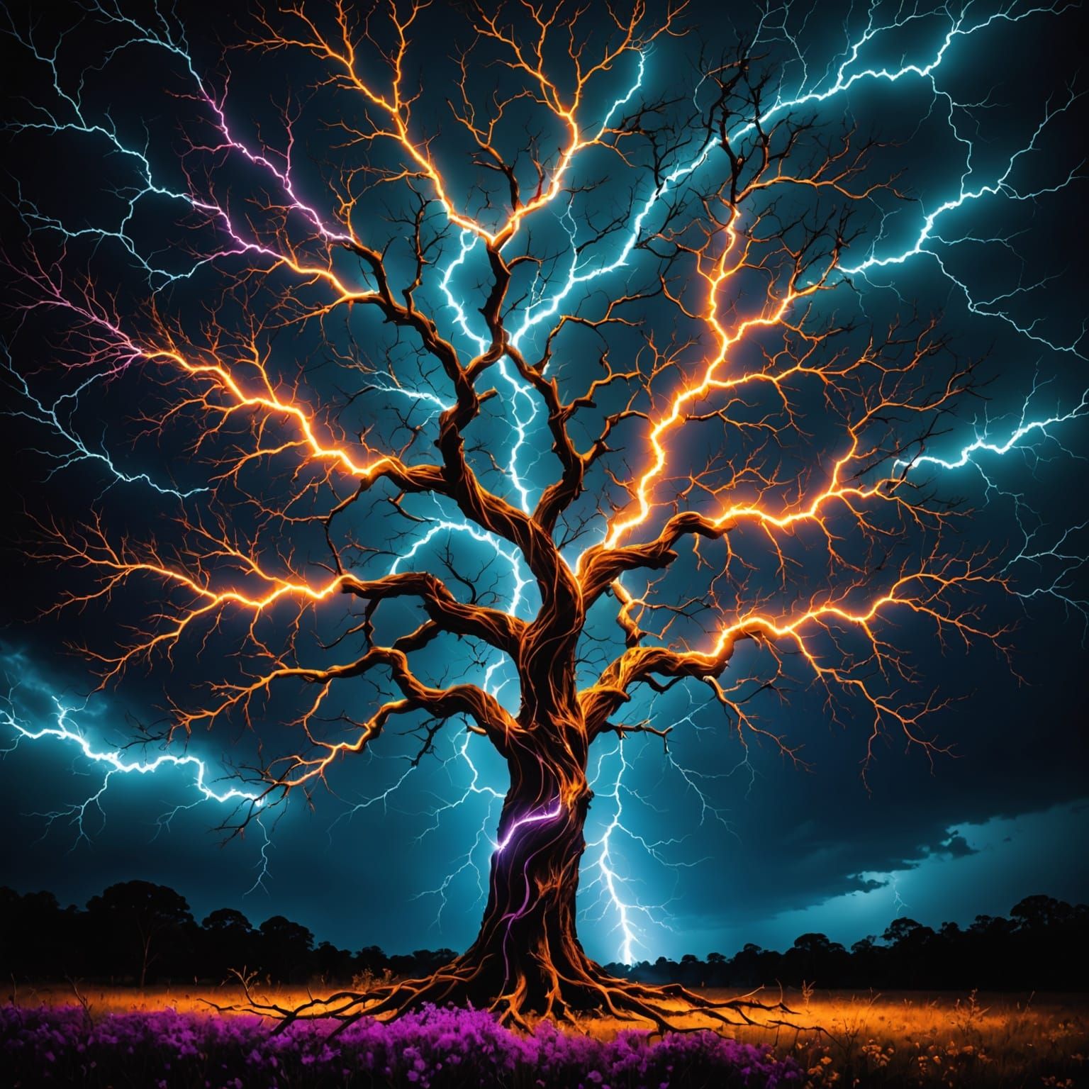 Vibrant Fractal Landscape with Lightning Strike
