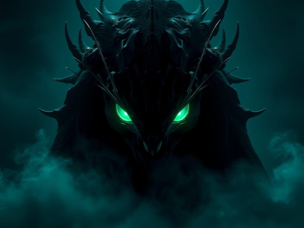 Mystical Creature Emerges from Darkness with Piercing Emeral...