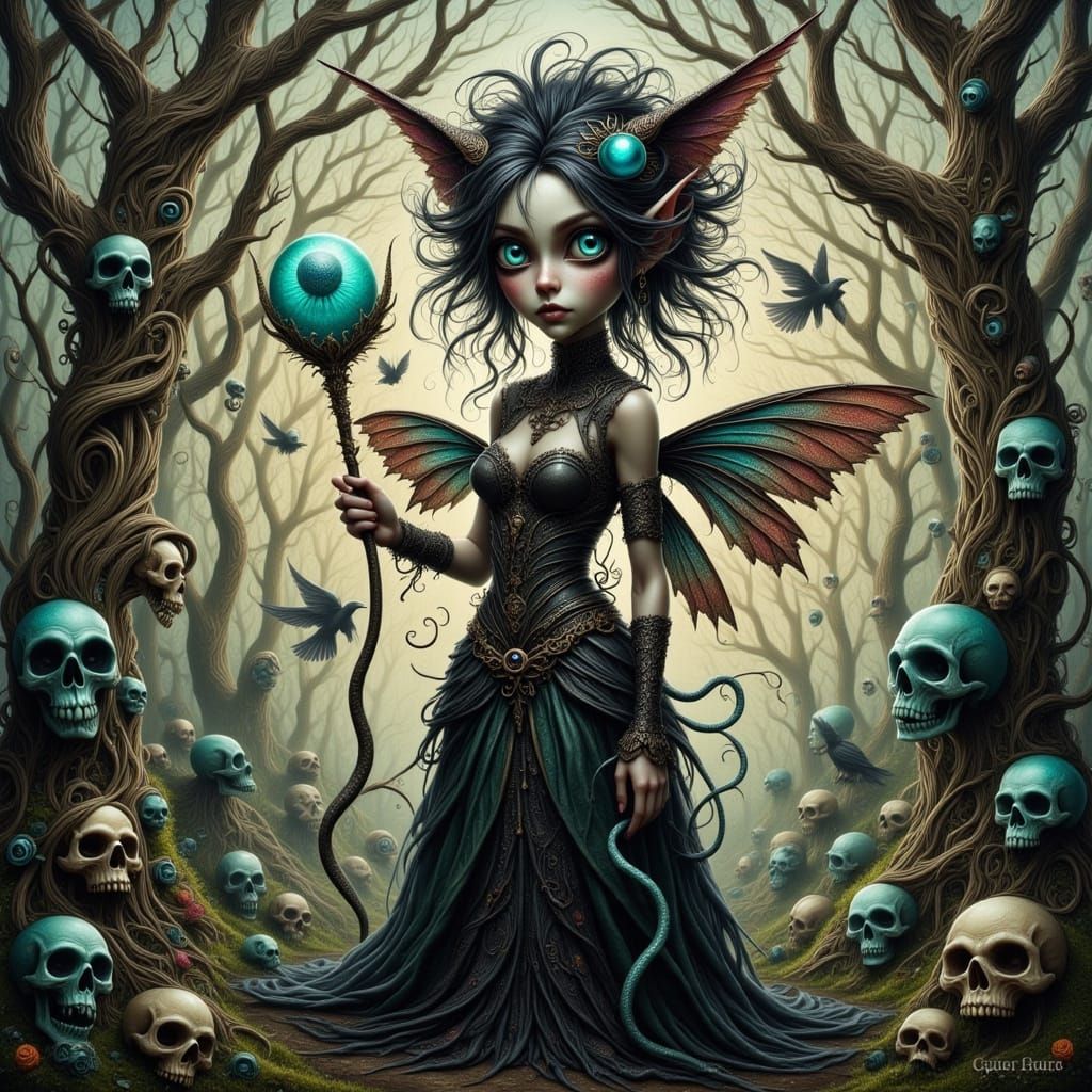 Whimsical Horror Fairy with Skulls and Snakes