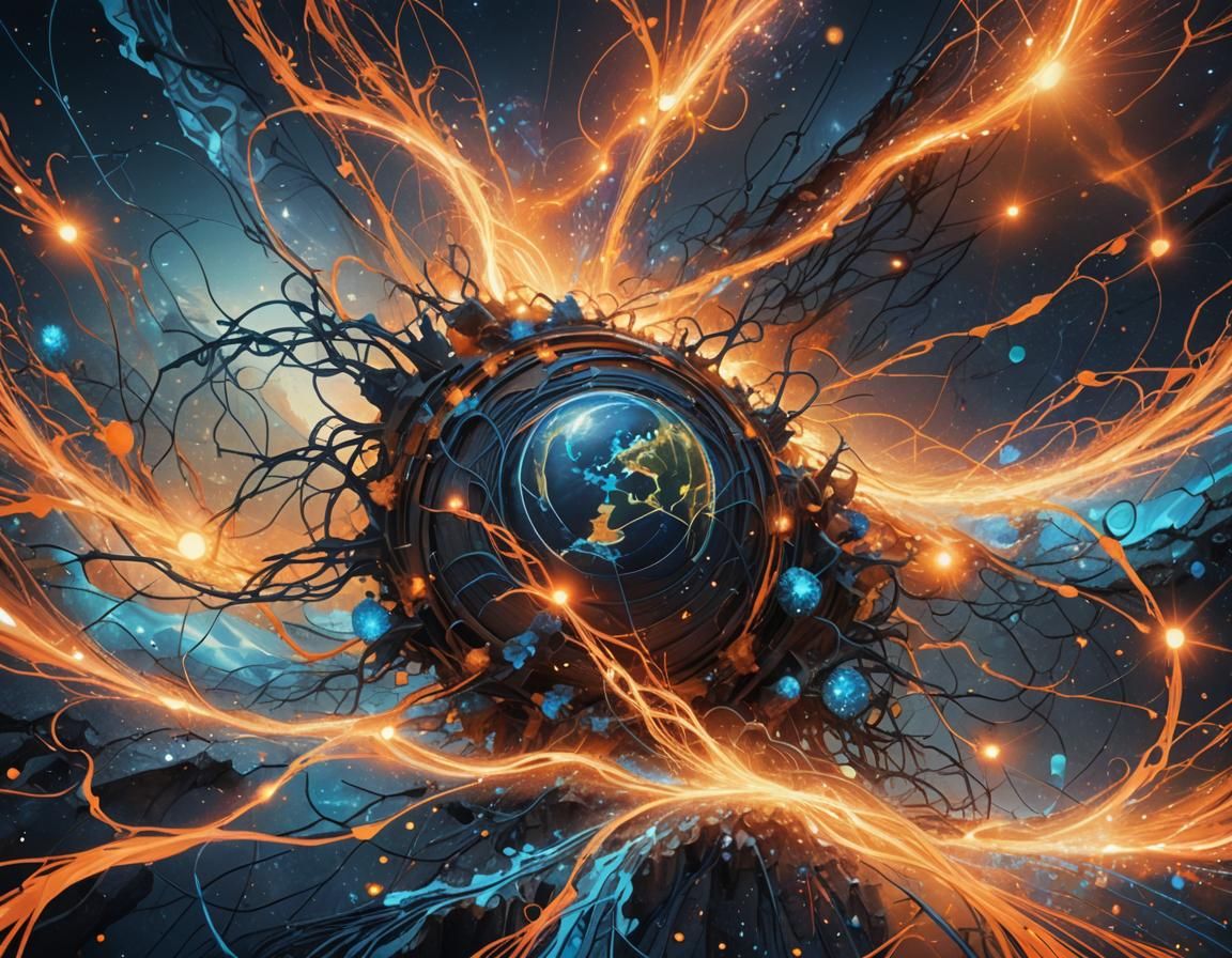 A tangled map of Earth encased in energy.