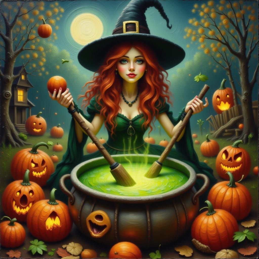 Red-Haired Witch Brews Screaming Pumpkin Potion as Impasto A...
