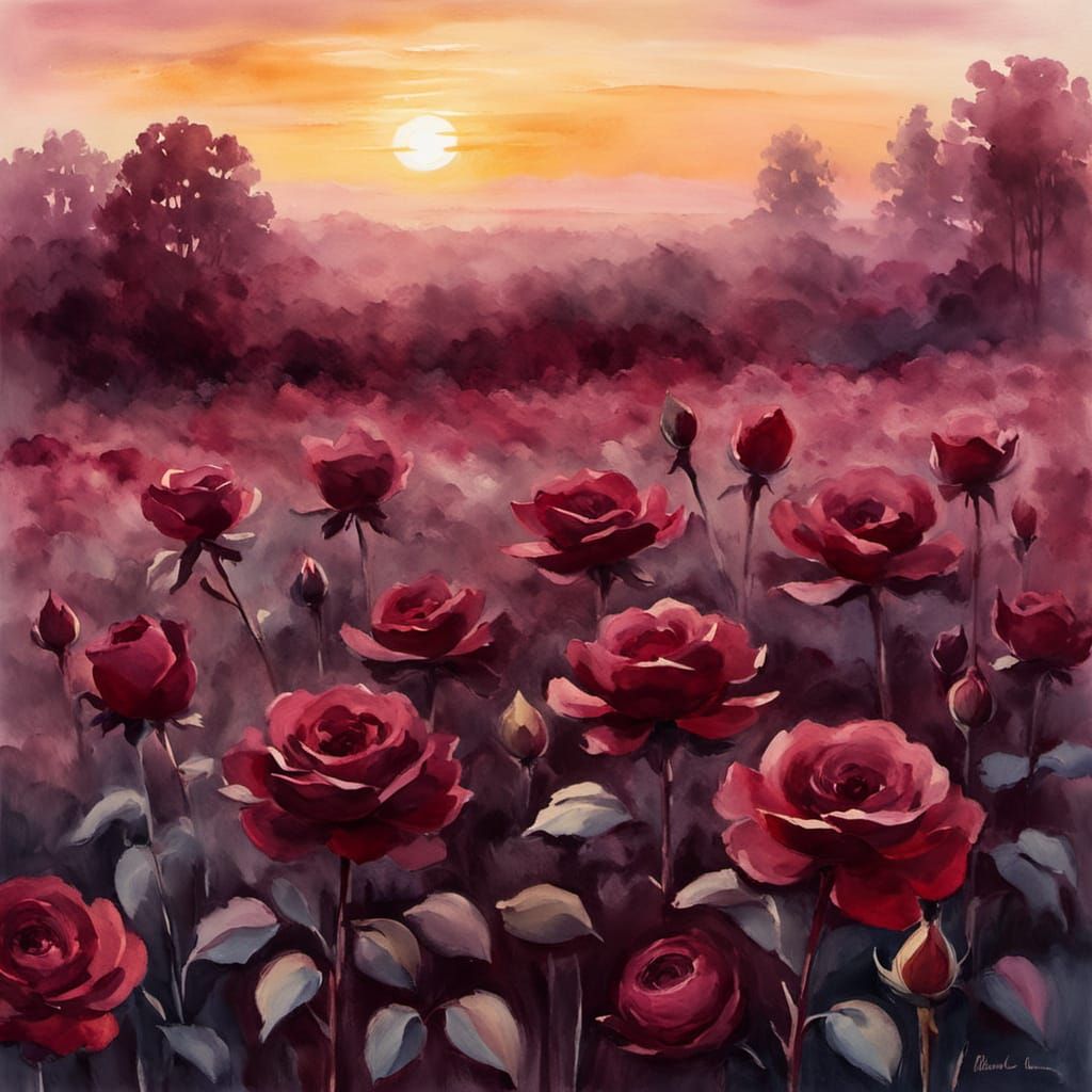 Soft Burgundy Roses at Sunset in Watercolor