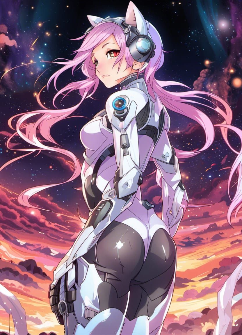 Cyberpunk Cat Girl in Exosuit on Battlefield