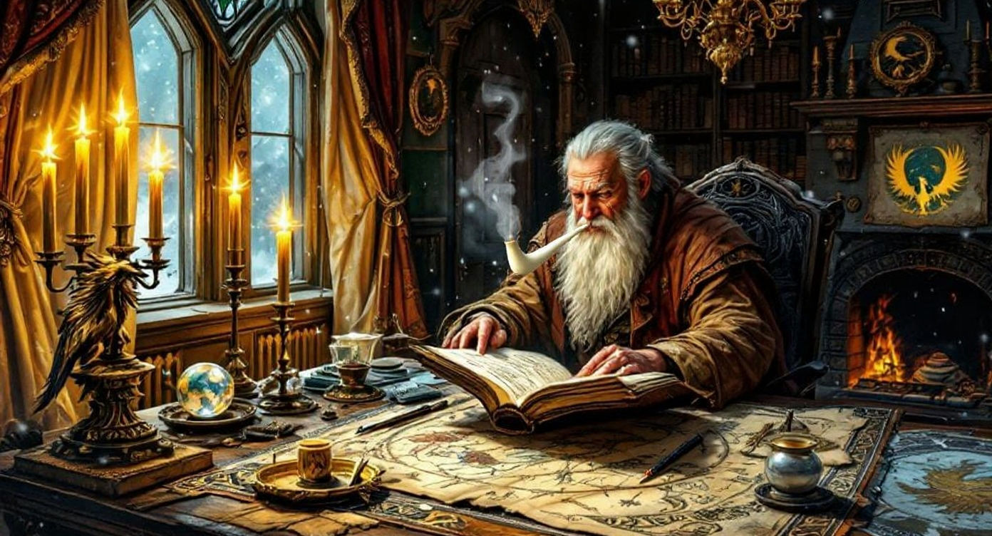 Wizard Reading Ancient Manuscript at Night
