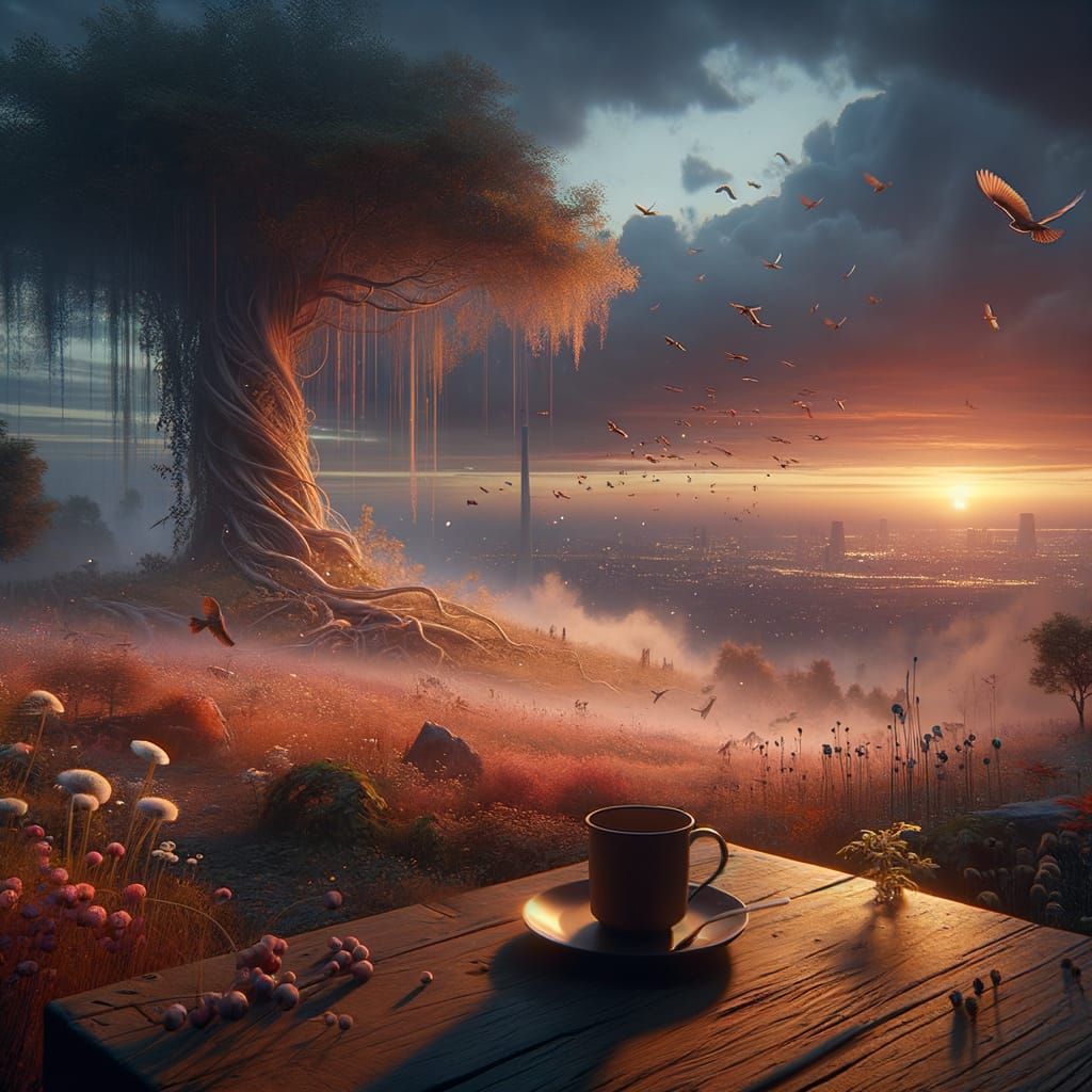 Mystical Cityscape Meets Nature at Sunset with Solitary Cup