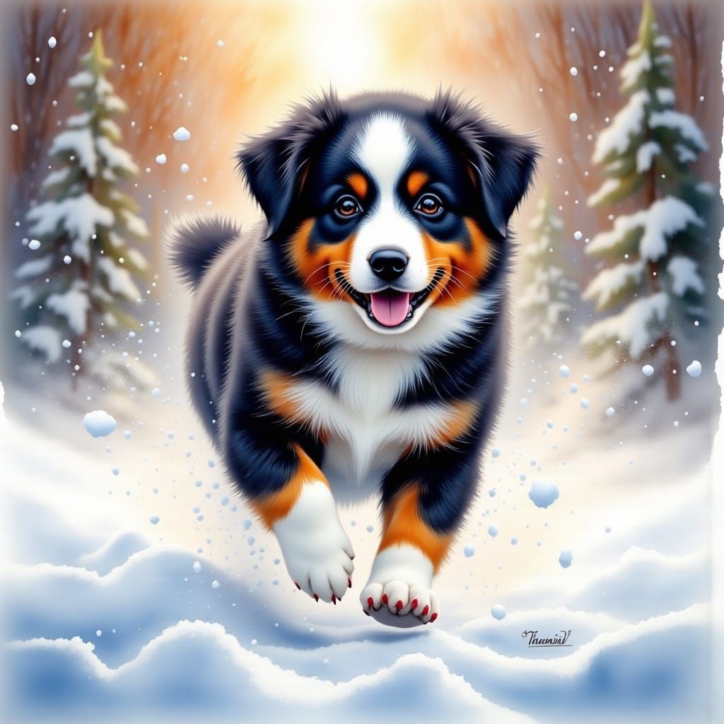 Bärli running in the snow.