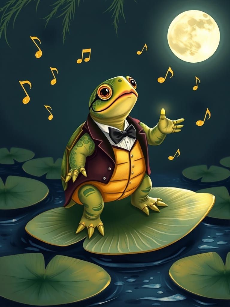 Dapper Turtle Opera Singer Under Moonlight