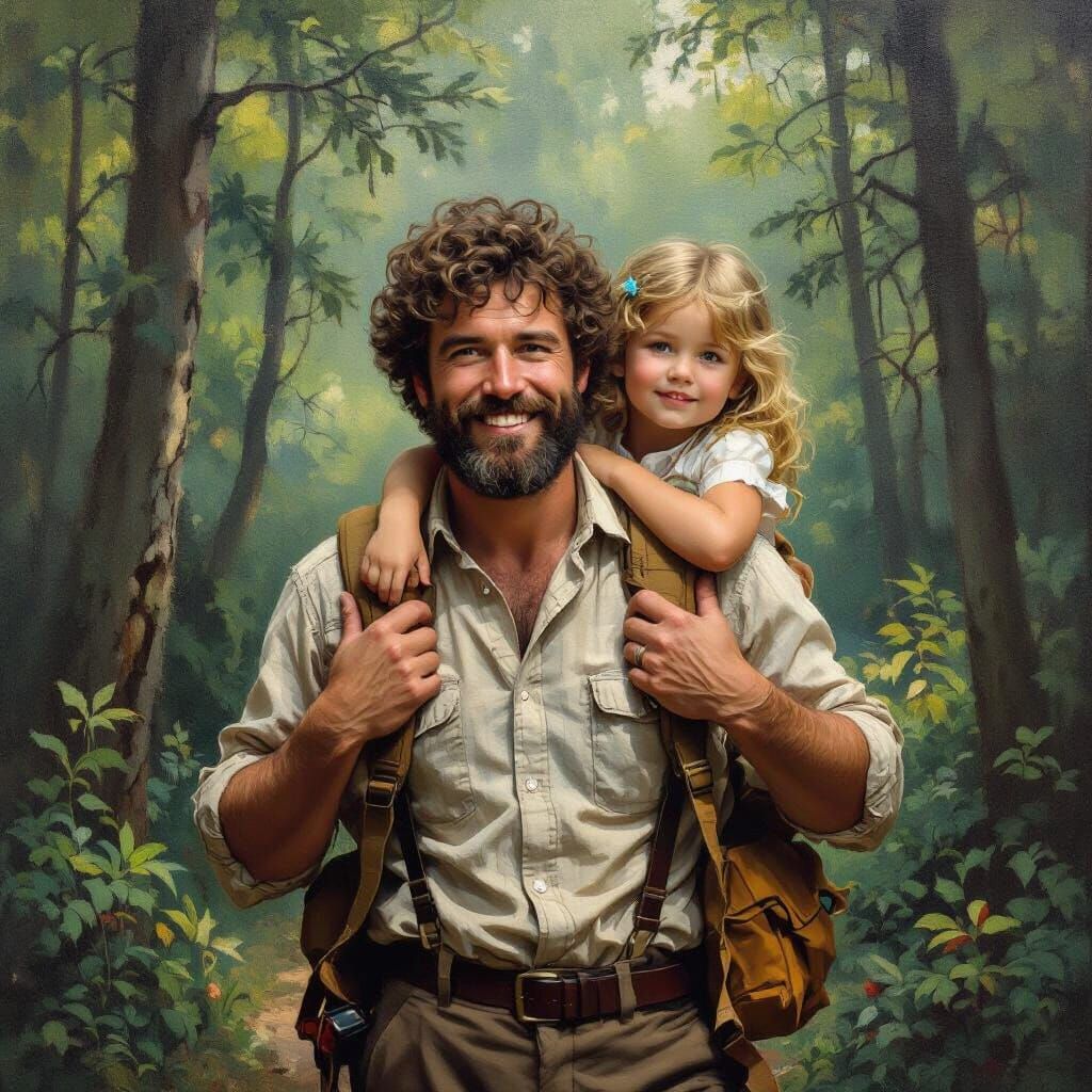 Grandfather and Granddaughter in Forest, Impressionistic Sty...