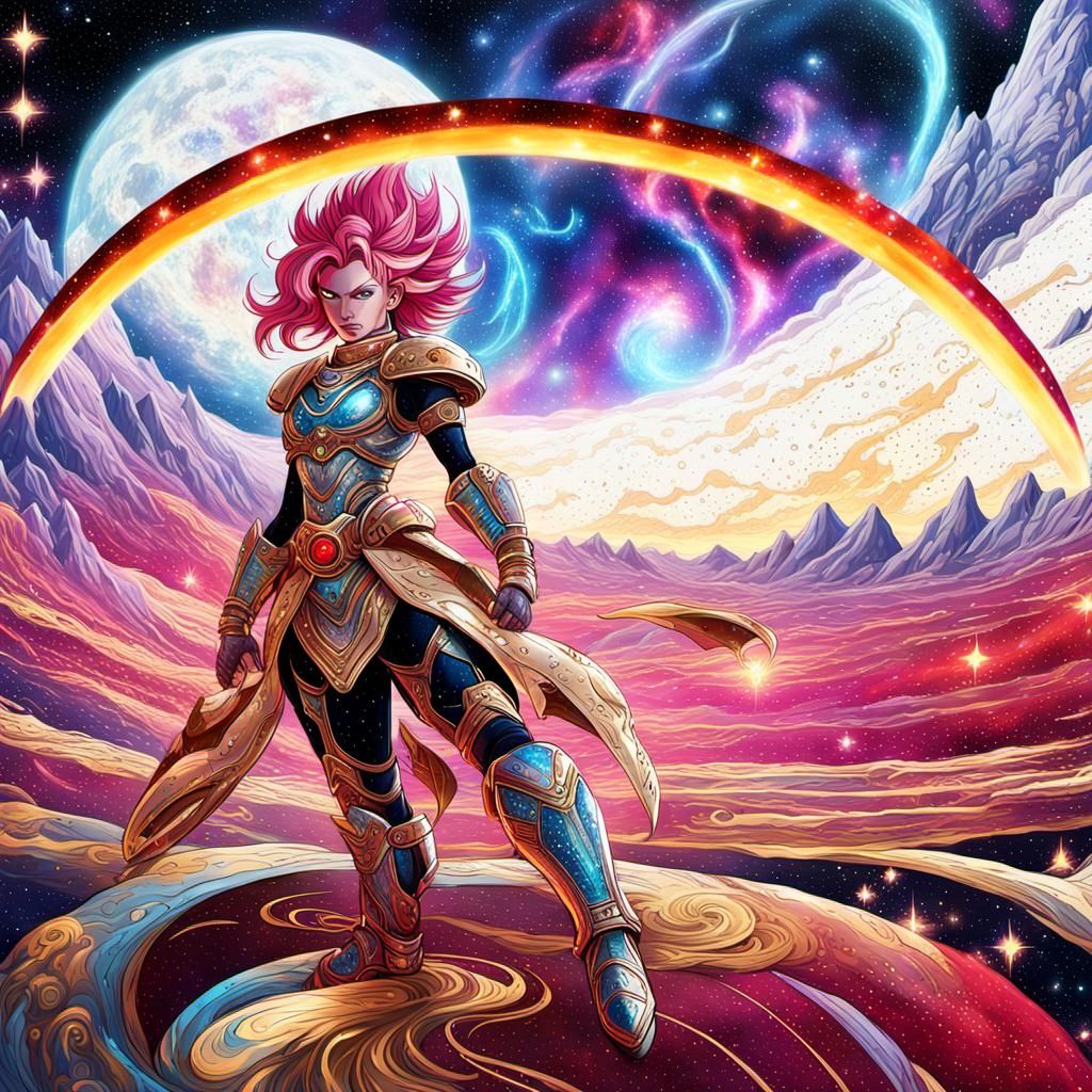 Cosmic Saiyan Heroine in Surrealist Starscape