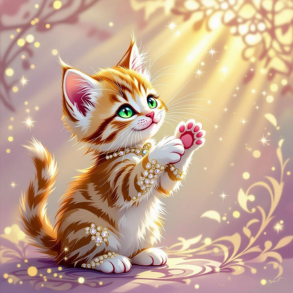 Diamond Kitten Batting Sunbeam in Rose Gold Ambiance