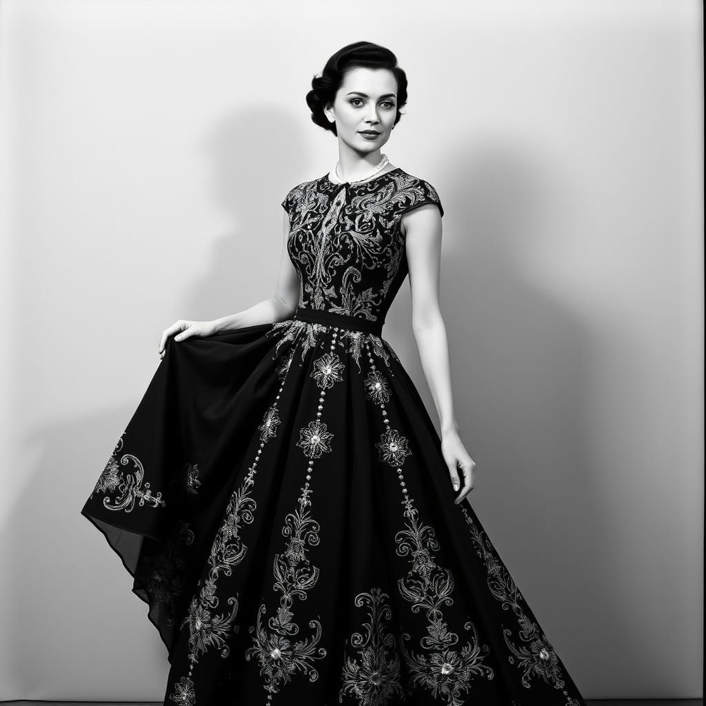 Elegant Woman in Luxurious 1950s Dior Dress