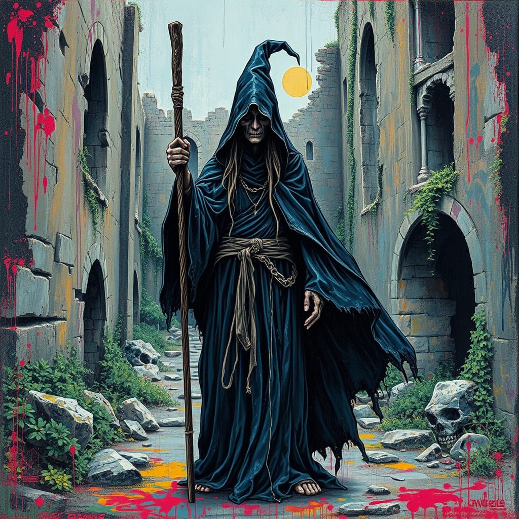 Vibrant Black Witch Amidst Monastery Ruins in Graffiti Art