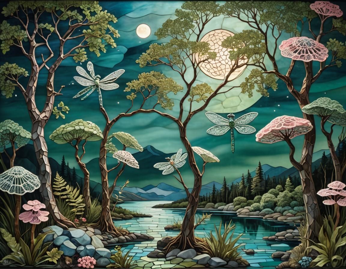 Stained Glass Lake: Moonlight, Lace Trees, Cyanotype