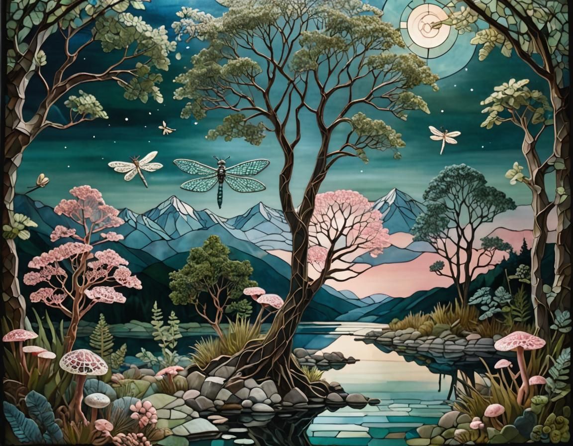 Stained Glass Mosaic: Moonlit Lake with Lace Trees
