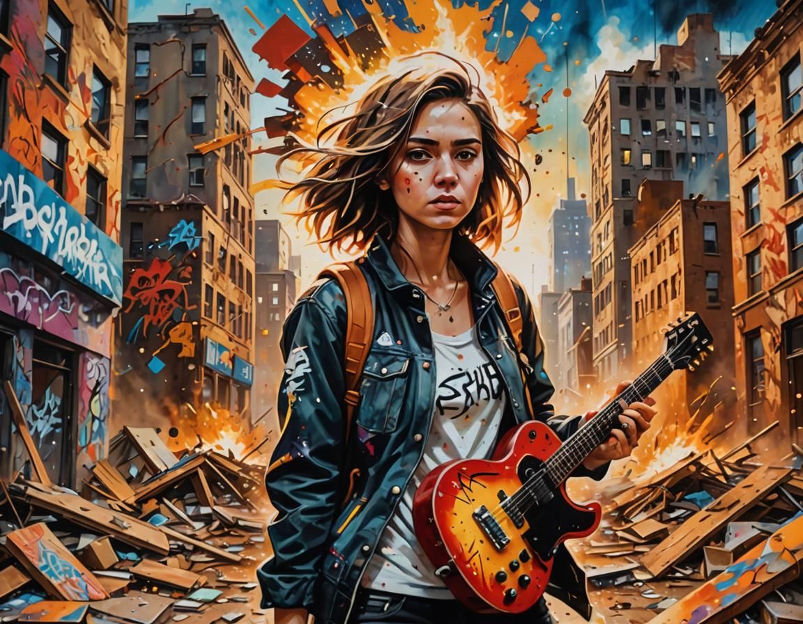 Apocalyptic Graffiti Art: Woman with Broken Guitar