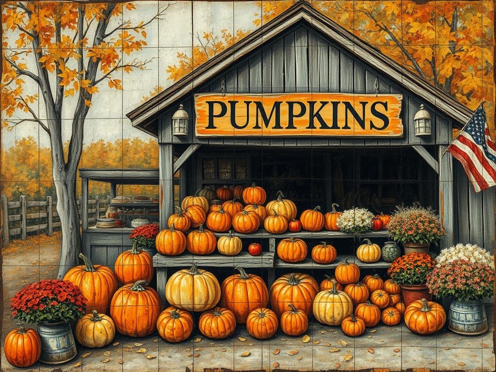Rustic Autumn Farmstand in Grunge Mixed Media