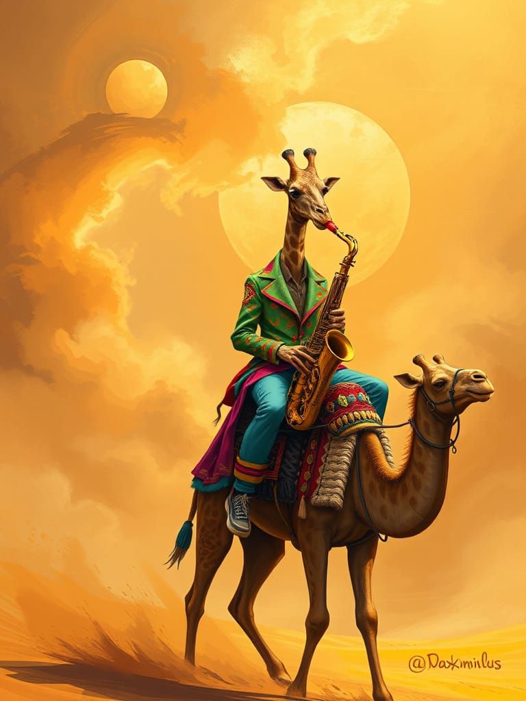 Jazz Giraffe Rides Camel Through Desert Sandstorm