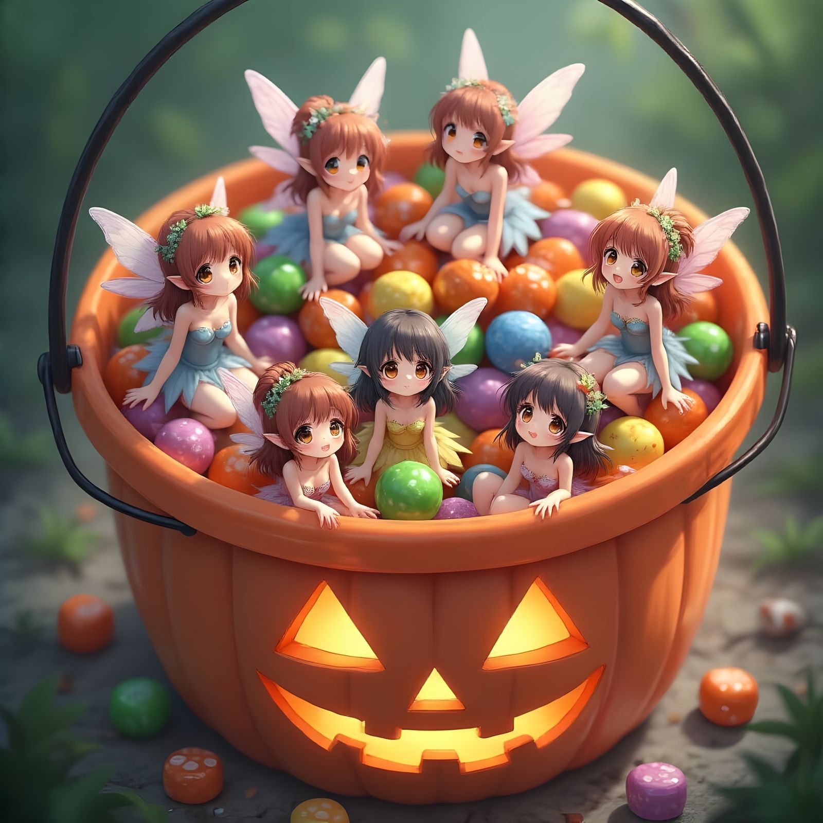 Fairies Bathe in Halloween Candy Bucket