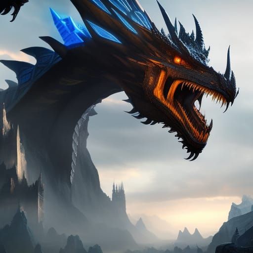 Giant Black Dragon with Blue Eyes in Detailed Matte Painting