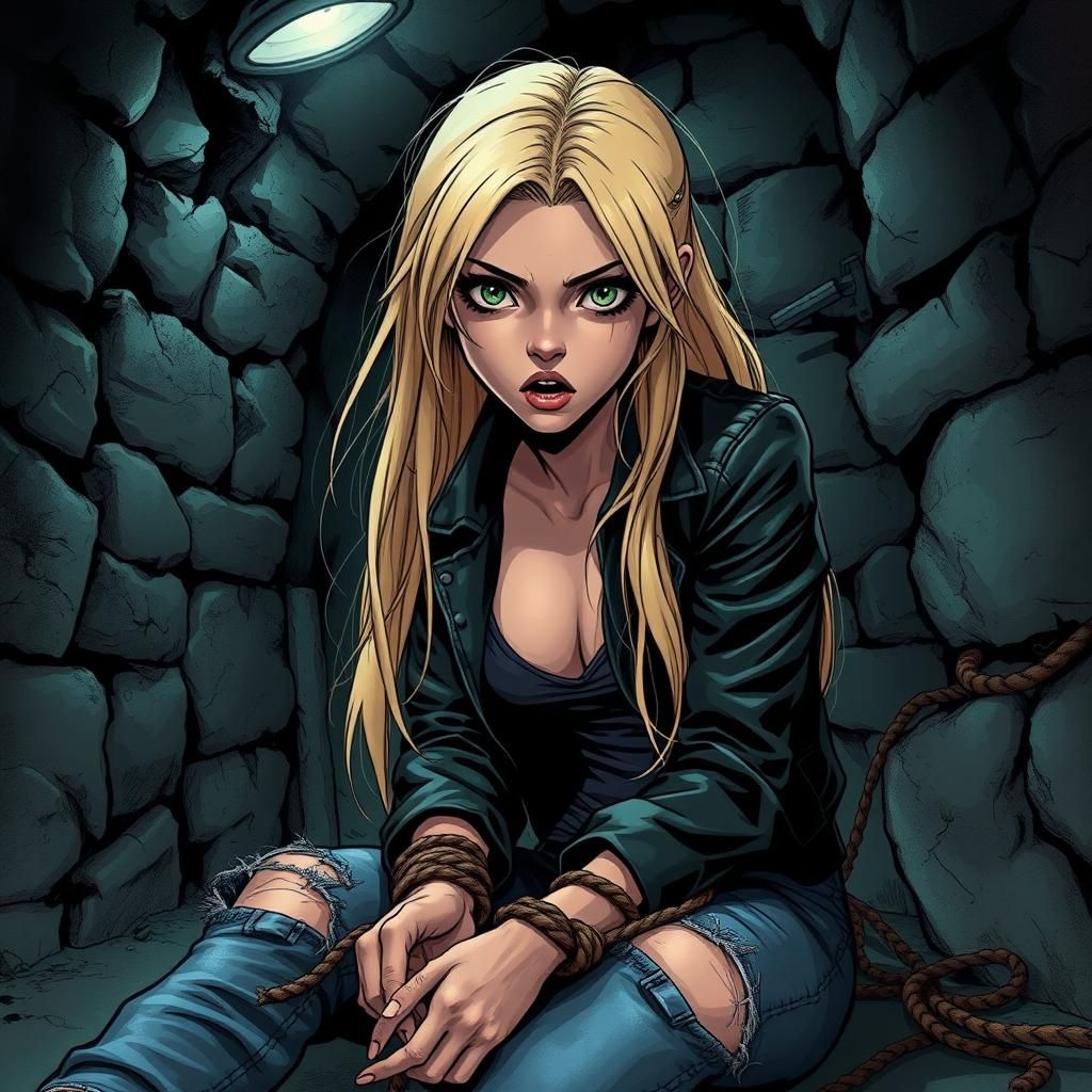 Bound Blonde Girl in Eerie Basement, Comic Book Style