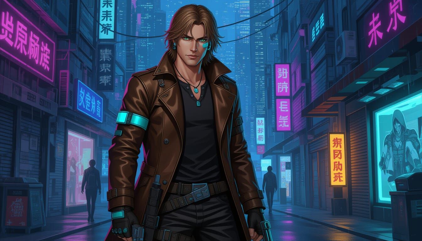 Cyberpunk Man in Leather Coat - Semi-Anime Style