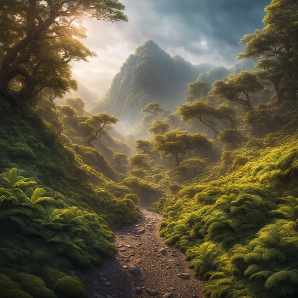 Hyperrealistic Mountain Landscape with Lush Foliage