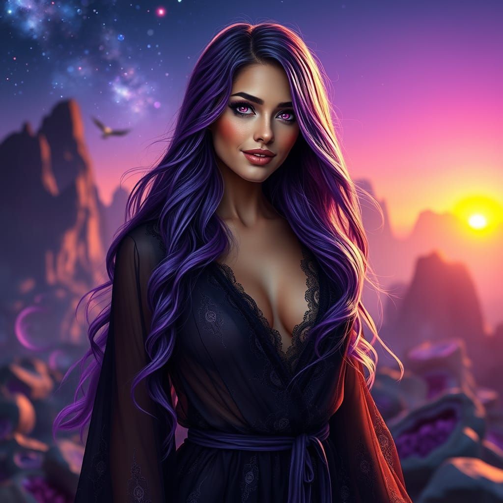 Hyper-Realistic Maiden in Amethyst Vale at Purple Sunrise