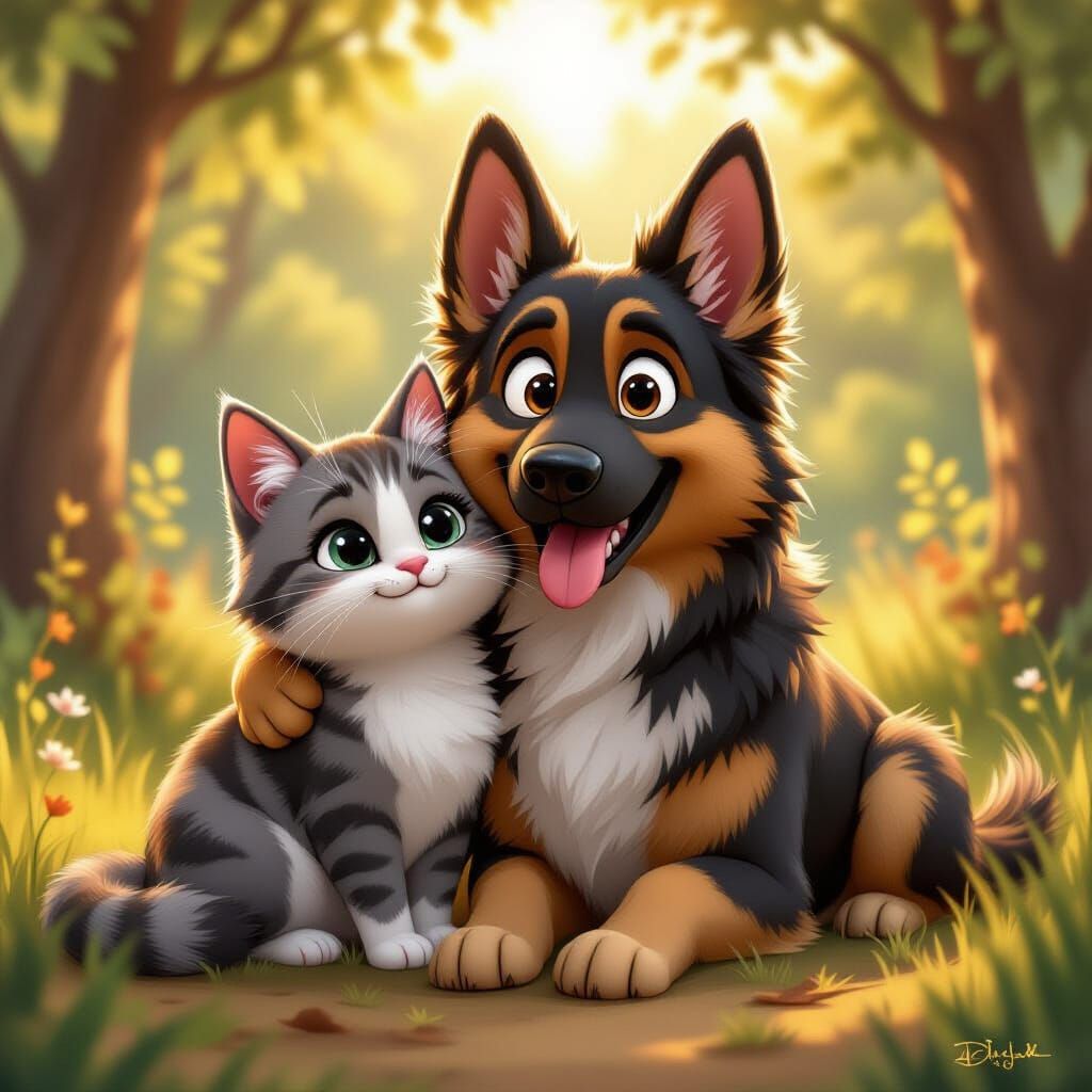 German Shepherd and Cat Friendship in Pixar Style