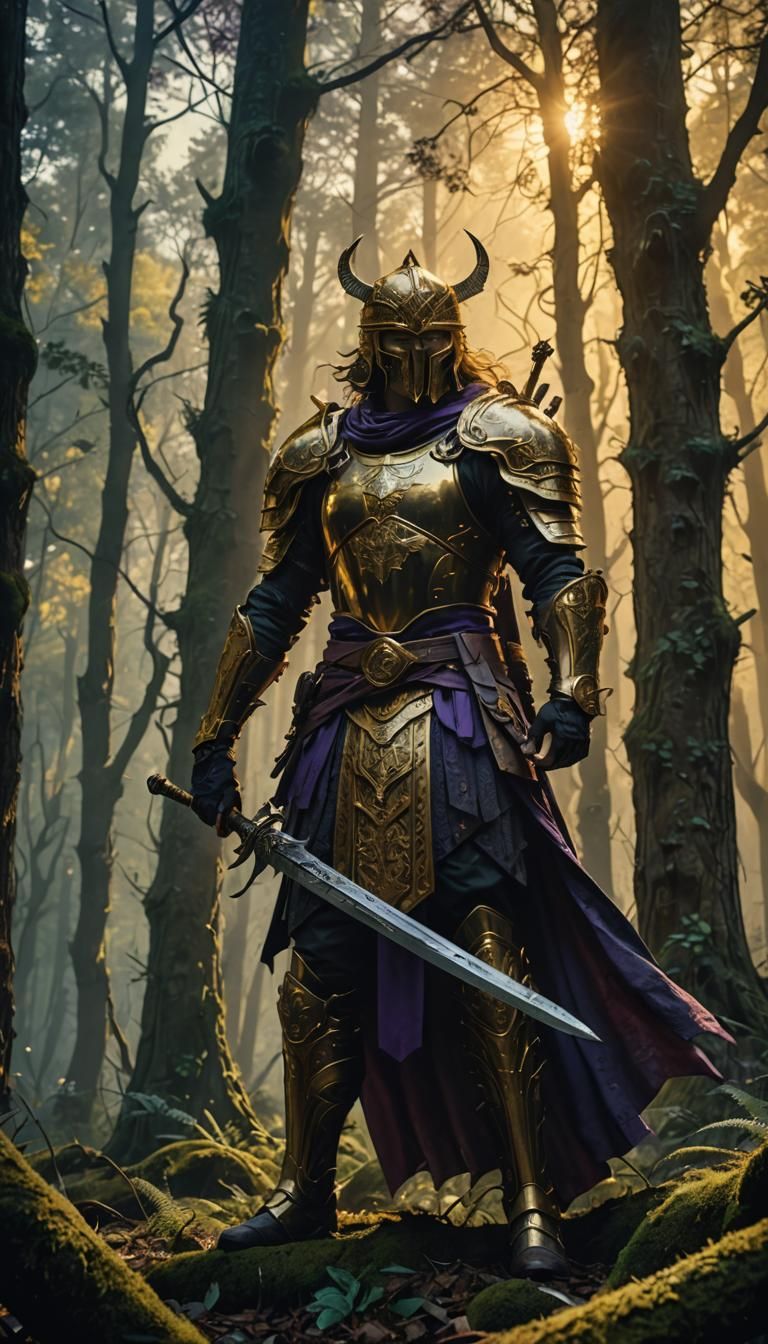 Mystical Forest Warrior with Three Swords