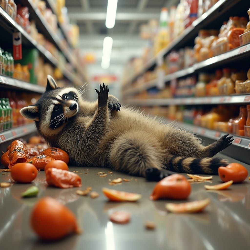 Raccoon's Grocery Store Feast in Midst of Chaos