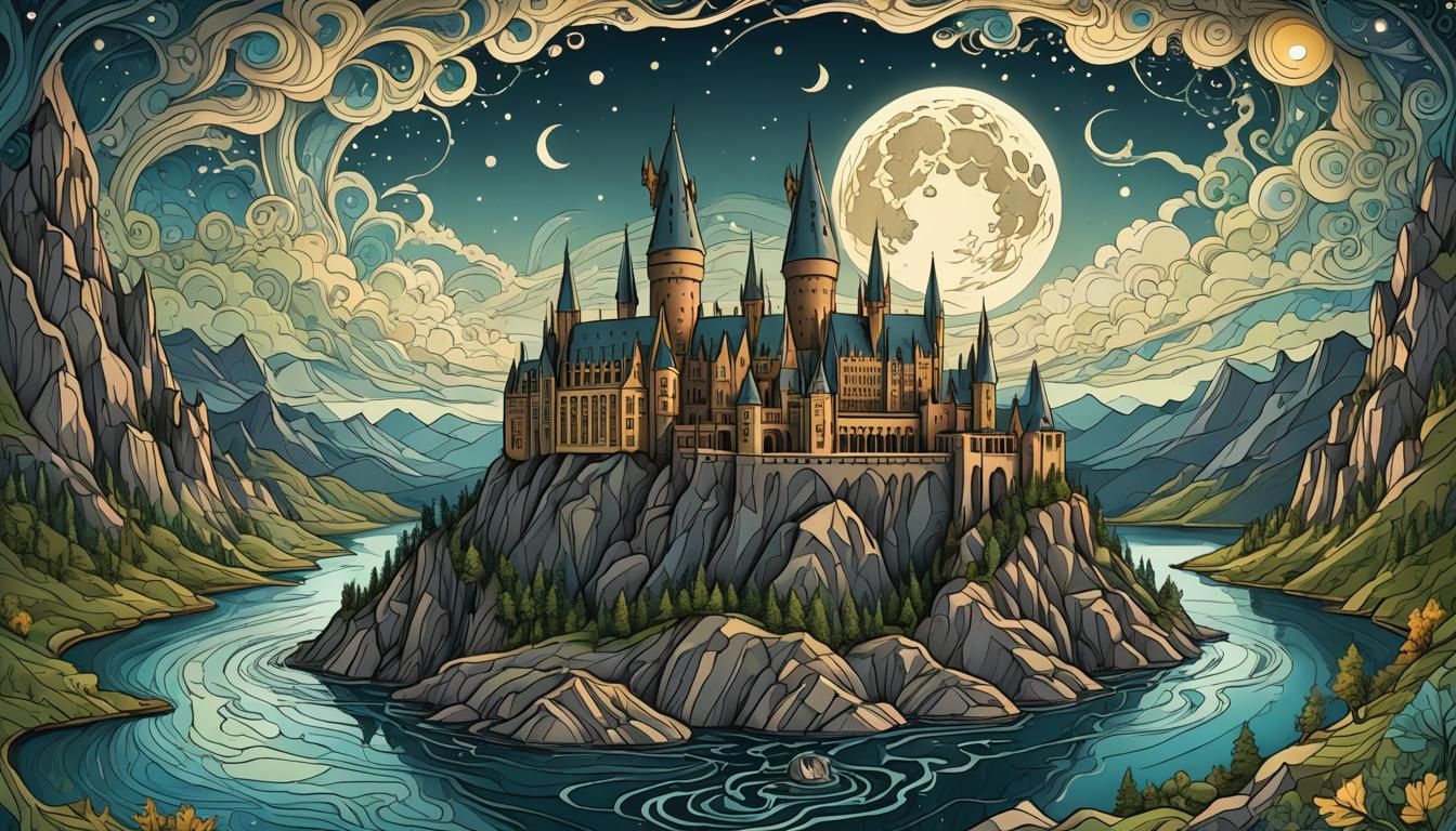 Whimsical Hogwarts at Full Moon, in a Dreamy Sage-Inspired S...